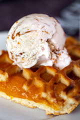 Ice cream with a fruit cookie on the plate