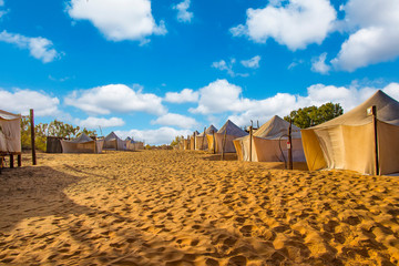 White tents in the camp of the desert Lompoul, Senegal, Africa.