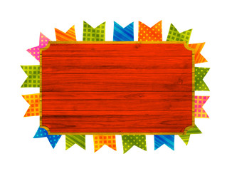 Festa Junina com bandeiras de fundo para varejo. Selo promocional 3d Brasil para festa de junho de cartão ou cartaz para férias. Selo São João e arraiá. Tipografia festiva