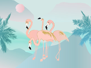 Obraz premium Abstract summer background with flamingos. Tropical design. Vector illustration