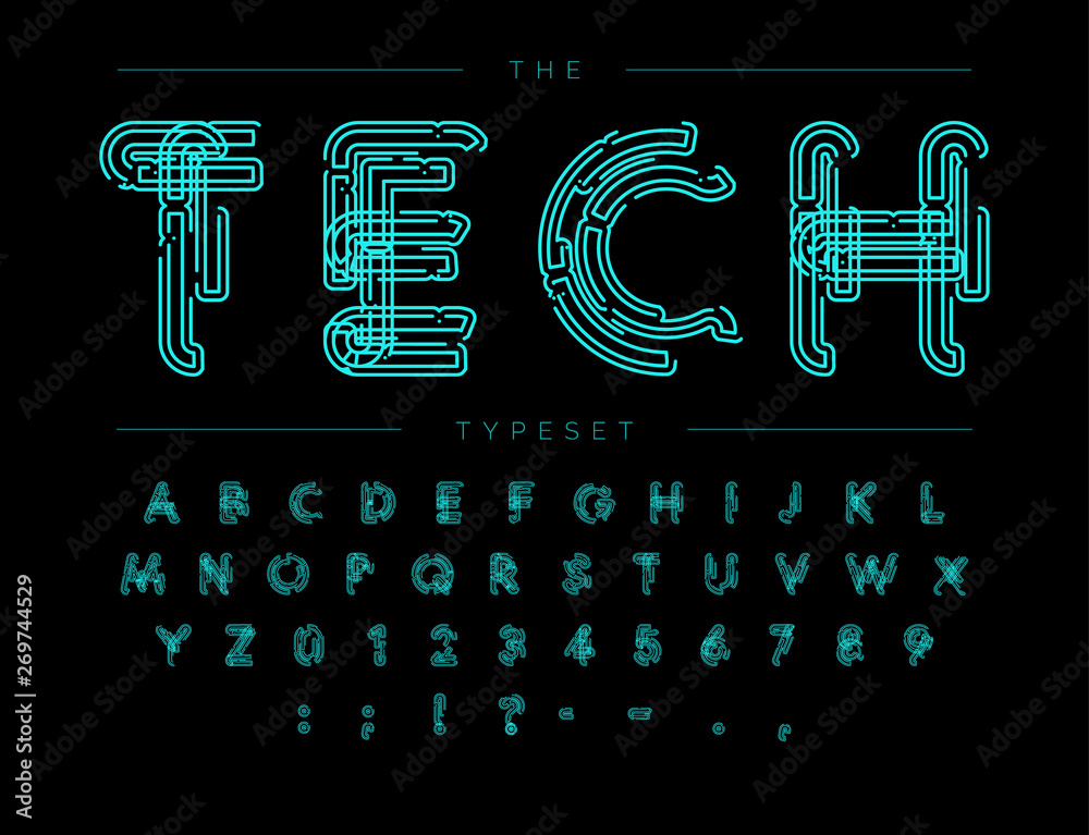 Poster Cyber Tech Font. Contour scheme style vector alphabet. Letters and numbers for digital product, security system logo, banner, monogram and poster. Typeset design.