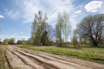 Fototapeta na wymiar Broken country road surrounded by trees on a sunny day. Village road with ruts, pits and traces of the wheels. Off-road. Spring rural landscape
