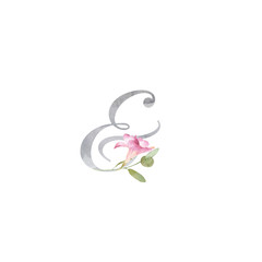 Watercolor ampersand & symbol decorated with pink freesia and greenery