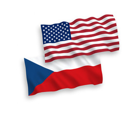 National vector fabric wave flags of Czech Republic and USA isolated on white background. 1 to 2 proportion.