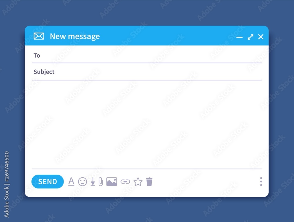 Poster Email interface. Mail window template, internet message isolated frame, blank email UI design. Vector email window mockup illustration page
