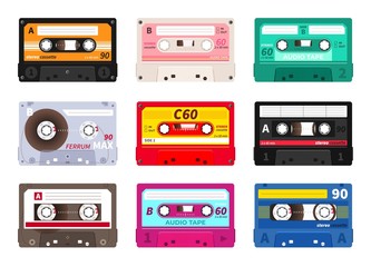 Retro cassettes. Vintage 1980s music tape, dj rave party mix, realistic stereo record set. Vector old school music cassette for media player