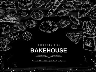 Bakery chalk background. Blackboard bread and cakes banner, hand drawn cookies and pies design template. Vector illustrations bakery and dessert on black background