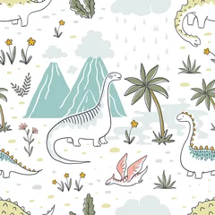 Tapeten Doodle-Dinosaurier-Muster. Nahtloser Textildrachendruck, trendiger kindlicher Stoffhintergrund, Cartoon-Dinosaurier. Vektorgrafik Hintergrundskizze © SpicyTruffel