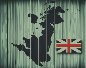 UK map and UK flag, wooden background.
