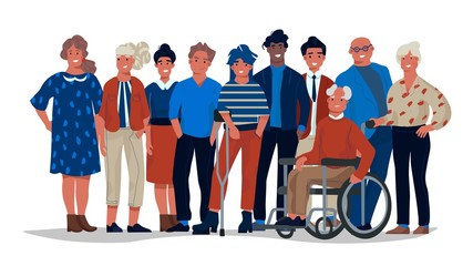 Obraz premium Diverse society people. Group of different multiracial and multicultural people standing together. Vector stand casual men and women smile