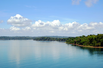 Obraz premium Green landscape of the Panama Canal, view from transiting container ship.