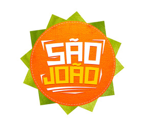 Festa Junina com bandeiras de fundo para varejo. Selo promocional 3d Brasil para festa de junho de cartão ou cartaz para férias. Selo São João e arraiá. Tipografia festiva