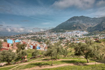 Fototapeta na wymiar Panoramic view of Chaouen (or Chefchaouen), the so-called blue city, one of the most visited places by tourists in northern Morocco.