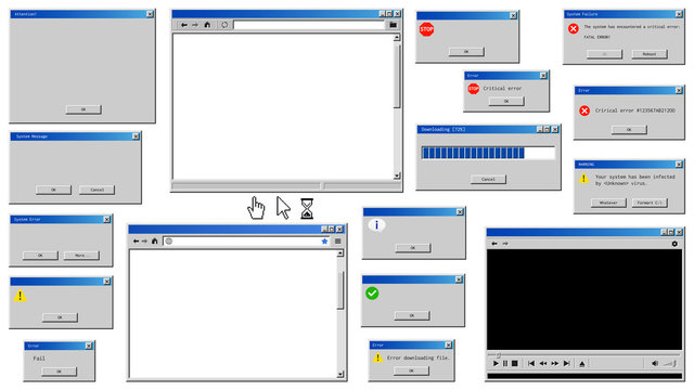 Old user interface windows. Retro browser and error message popup.