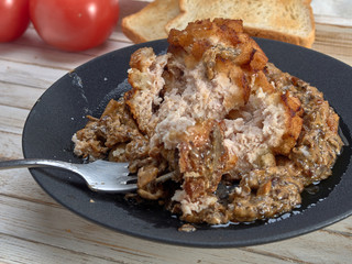 Delicious fried Patty of chicken meat, Pozharskaya.With creamy mushroom sauce.Fresh vegetable salad.Fried toast.