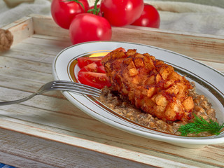 Delicious fried Patty of chicken meat, Pozharskaya.With creamy mushroom sauce.Fresh vegetable salad.Fried toast.