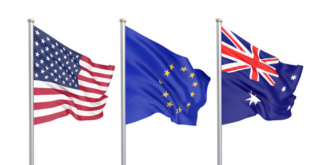 Three colored silky flags in the wind: USA (United States of America), EU (European Union) and Australia isolated on white. 3D illustration.