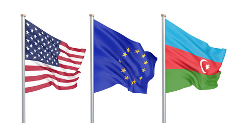 Three colored silky flags in the wind: USA (United States of America), EU (European Union) and Azerbaijan isolated on white. 3D illustration.