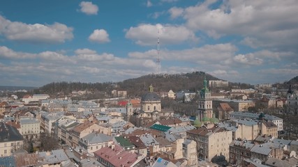 Fototapeta na wymiar Aerial City Lviv, Ukraine. European City. Popular areas of the city. Dominican