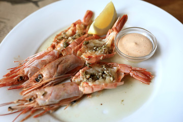 King prawns on white plate