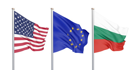 Three colored silky flags in the wind: USA (United States of America), EU (European Union) and Bulgaria isolated on white. 3D illustration.