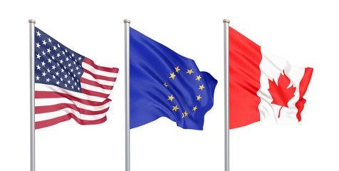 Three colored silky flags in the wind: USA (United States of America), EU (European Union) and Canada isolated on white. 3D illustration.