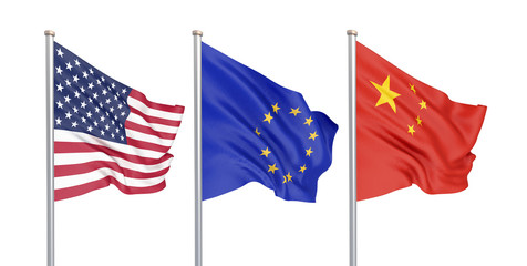 Three colored silky flags in the wind: USA (United States of America), EU (European Union) and China isolated on white. 3D illustration.