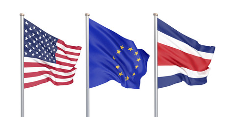 Fototapeta premium Three colored silky flags in the wind: USA (United States of America), EU (European Union) and Costa Rica isolated on white. 3D illustration.