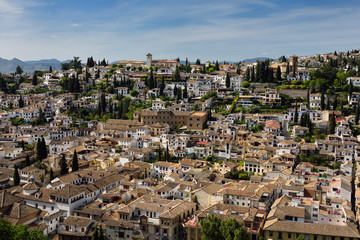 View of Albaicin Churches of Saint Nicholas mirador and Our Saviour from Alcazaba fortress in Granada Spain
