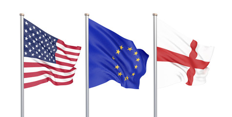 Three colored silky flags in the wind: USA (United States of America), EU (European Union) and England isolated on white. 3D illustration.