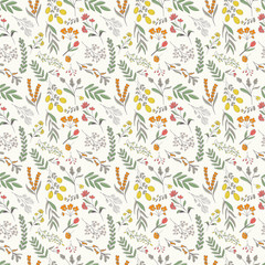 Hand drawn floral seamless pattern, colorful flowers and foliage scattered on white background