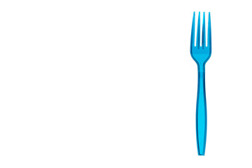 Blue plastic fork, disposable utensil. Isolatef on white