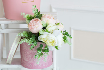 Floral decoration in the photo studio. Interior photo studio. Wedding decorations. Gentle spring flowers. flower composition