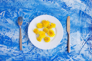 Yellow dandelions on a white plate, on a blue abstract background