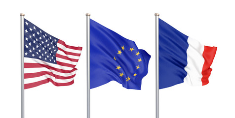 Fototapeta premium Three colored silky flags in the wind: USA (United States of America), EU (European Union) and France isolated on white. 3D illustration.
