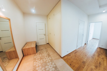 modern light interior. room with white walls and wooden floor.