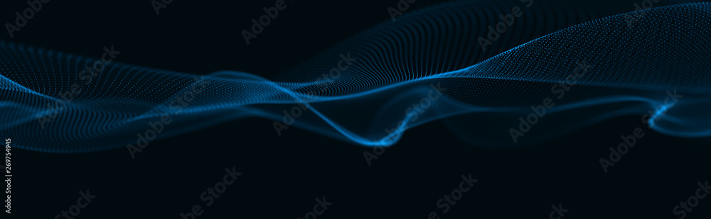 Poster Musical wave of particles. Sound structural connections. Abstract background with a wave of luminous particles. Wave 3d