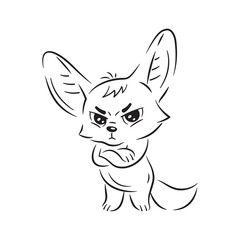 Black and white illustration of a funny fennec fox  looking severely. Cute kawaii cartoon character. Funny pose, emotion and face expression. Isolated on white background