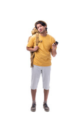 Young handsome tourist isolated on white 