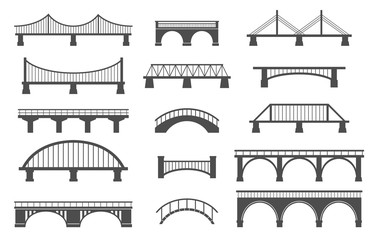 Set of different bridges. Isolated on white background. Black and white. Vector illustration.