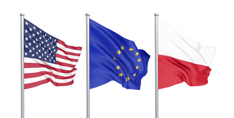 Three colored silky flags in the wind: USA (United States of America), EU (European Union) and Poland isolated on white. 3D illustration.
