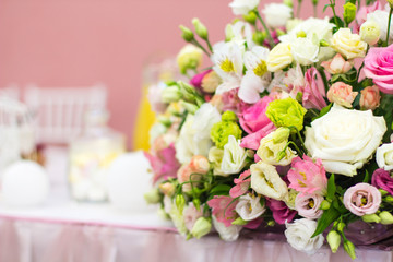Bouquet of flowers. Flower Arrangement: Roses, Eustomas, Alstroemeria