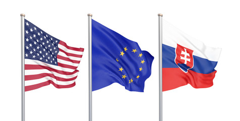 Three colored silky flags in the wind: USA (United States of America), EU (European Union) and Slovakia isolated on white. 3D illustration.