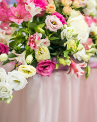 Bouquet of flowers. Flower Arrangement: Roses, Eustomas, Alstroemeria