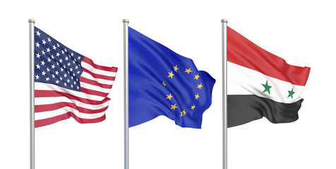 Three colored silky flags in the wind: USA (United States of America), EU (European Union) and Syria isolated on white. 3D illustration.