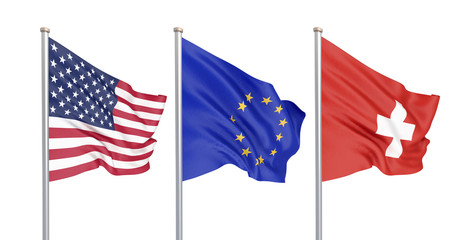 Three colored silky flags in the wind: USA (United States of America), EU (European Union) and Switzerland isolated on white. 3D illustration.