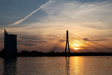 Warm spring sunset on Daugava in Riga, Latvia