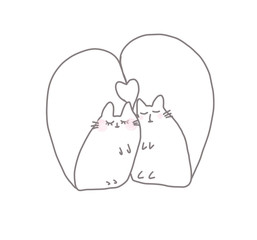 Line art cartoon cat doodle style outline.Cute cats set: love couple. Digital illustration grey pen and pink cheeks one line isolated