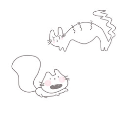 Line art cartoon cat doodle style outline.Cute cats set: screaming cat. Digital illustration grey pen and pink cheeks one line isolated