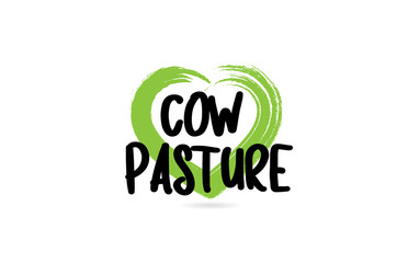 cow pasture text word with green love heart shape icon